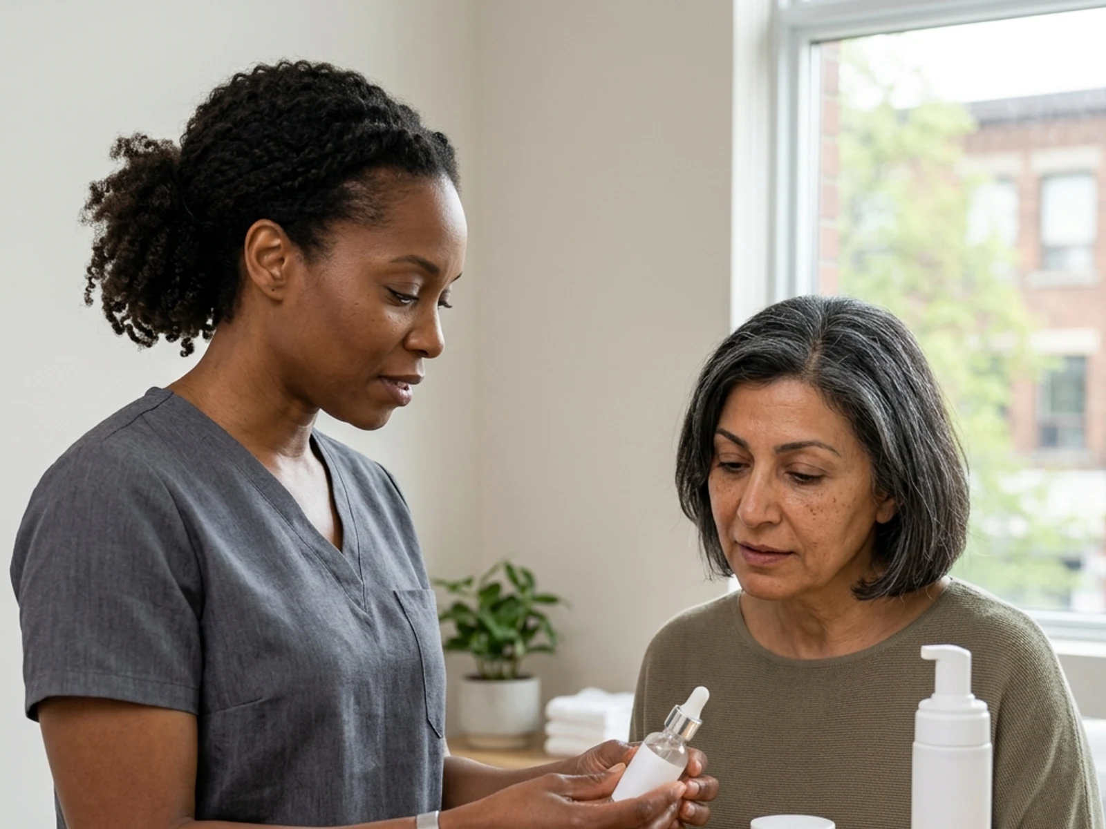 Esthetician comparing unbranded professional skin-care products
