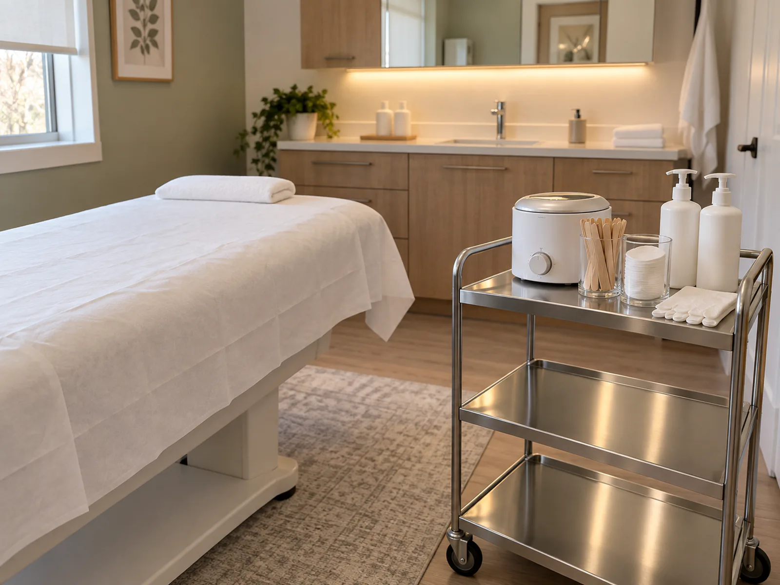 Une salle de soins propre et professionnelle préparée pour un rendez-vous d'épilation à la cire.