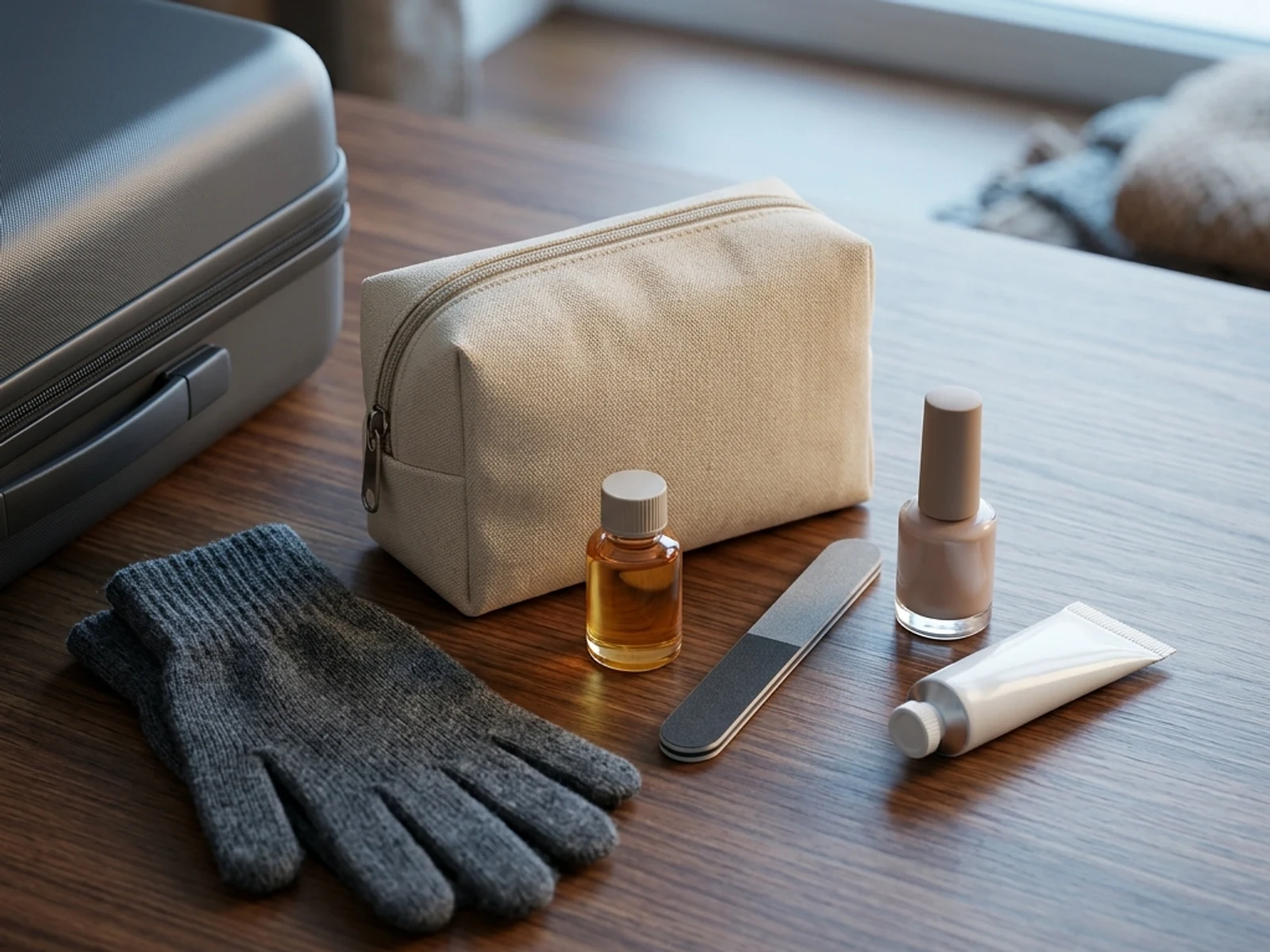 Pochette de soin des ongles et gants pliés préparés pour un voyage hivernal au Québec