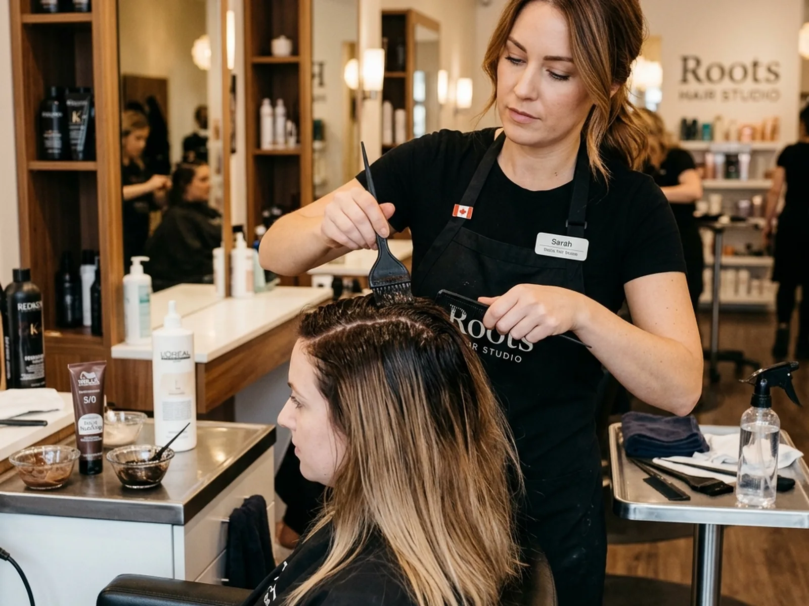 Root touch-up colour application at a Canadian salon