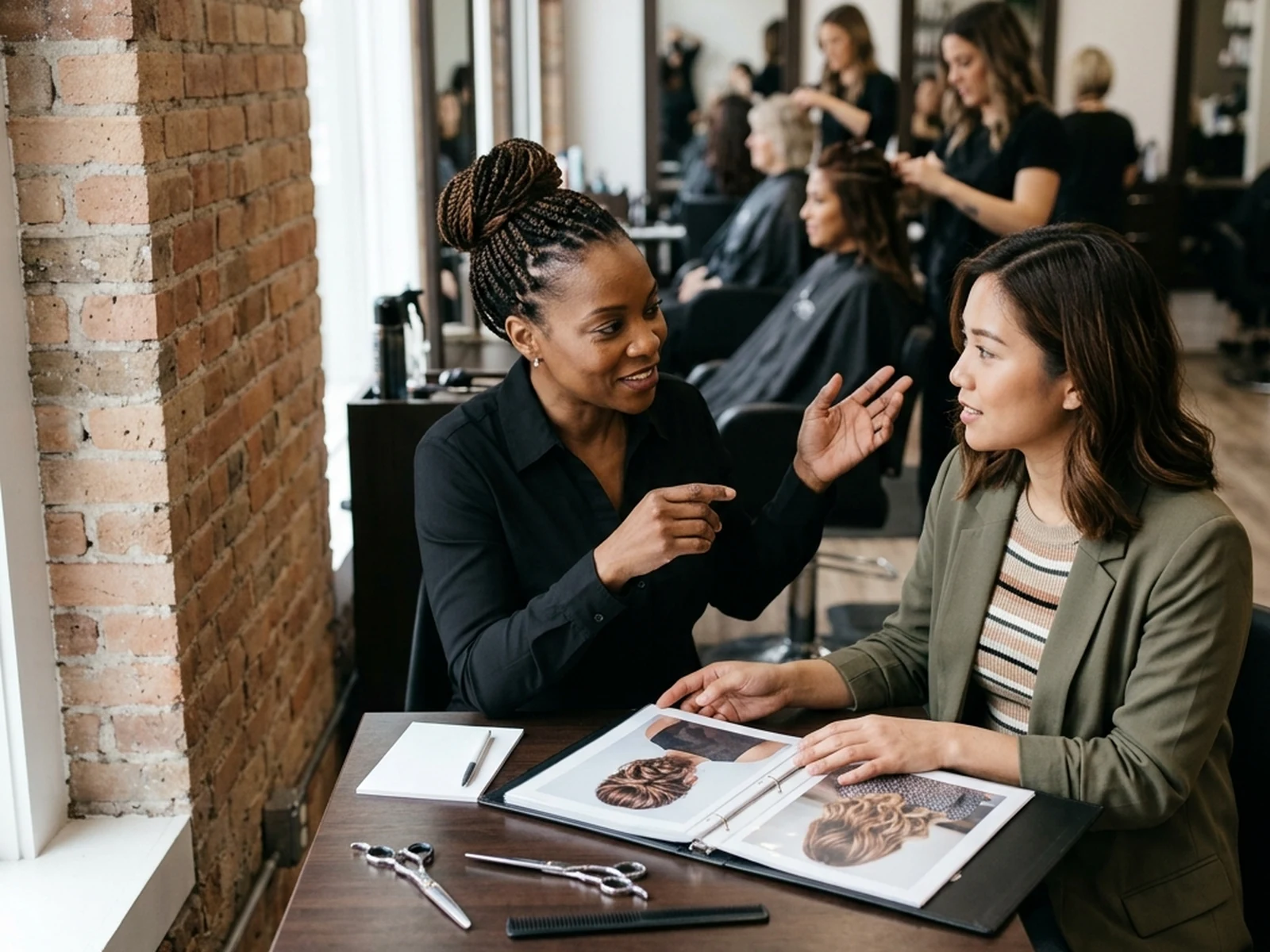 Beauty professional discussing salon career requirements with a manager