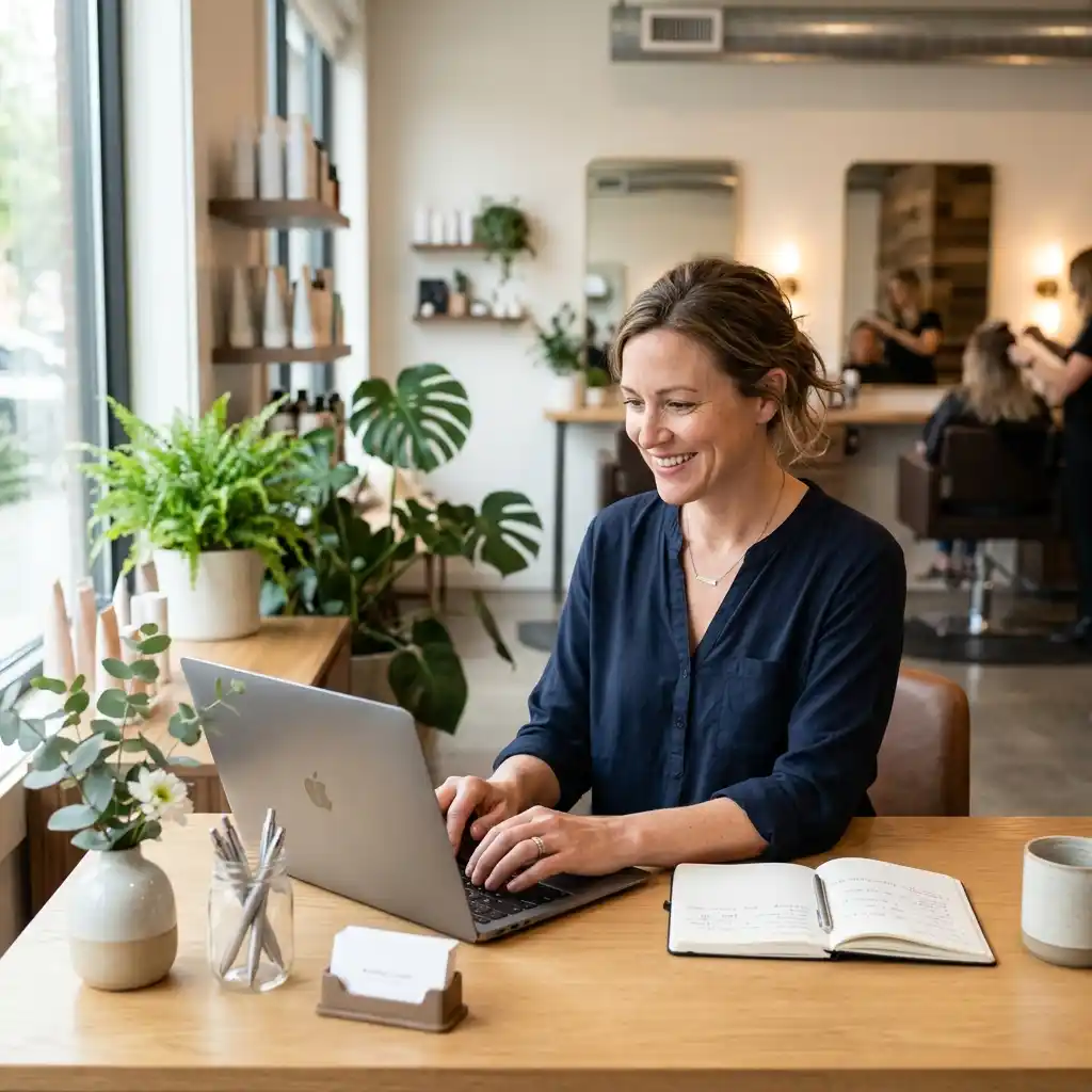 Salon owner adding business listing details online
