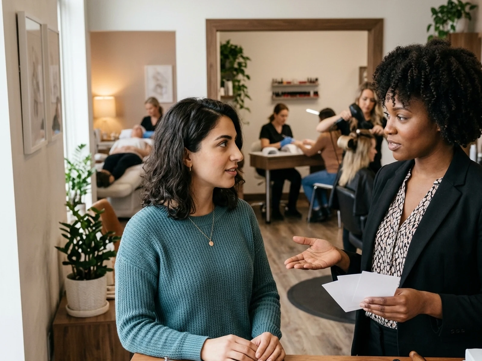 Salon coordinator explaining service options to a client