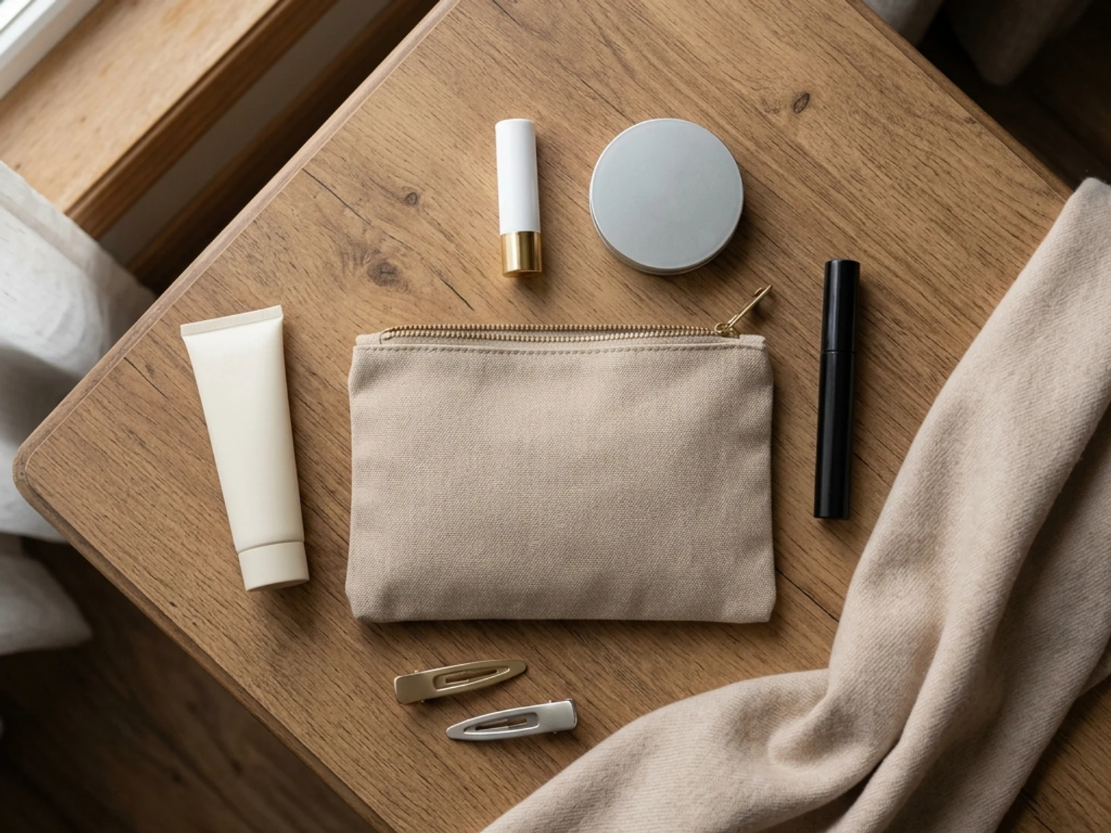 Produits sans marque pour la peau, les lèvres et le maquillage disposés avec une écharpe propre
