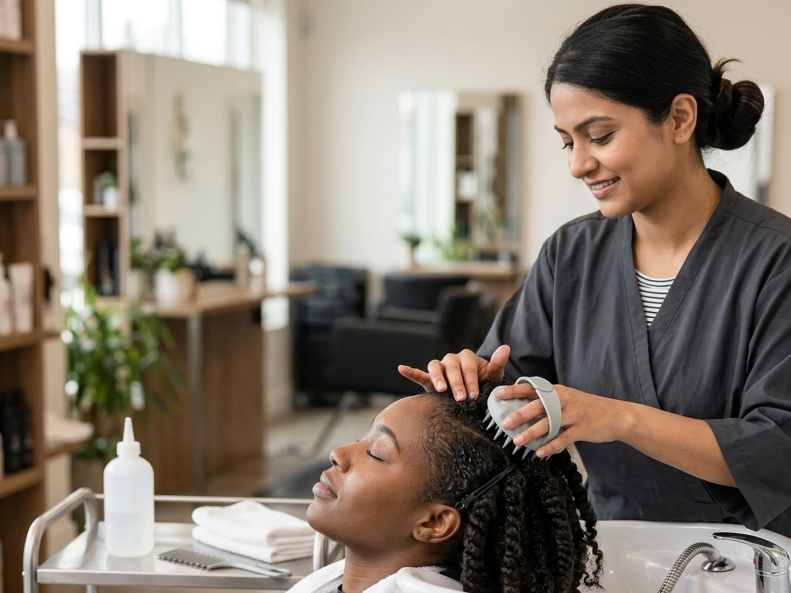 Stylist demonstrating a gentle scalp-care routine at a wash station