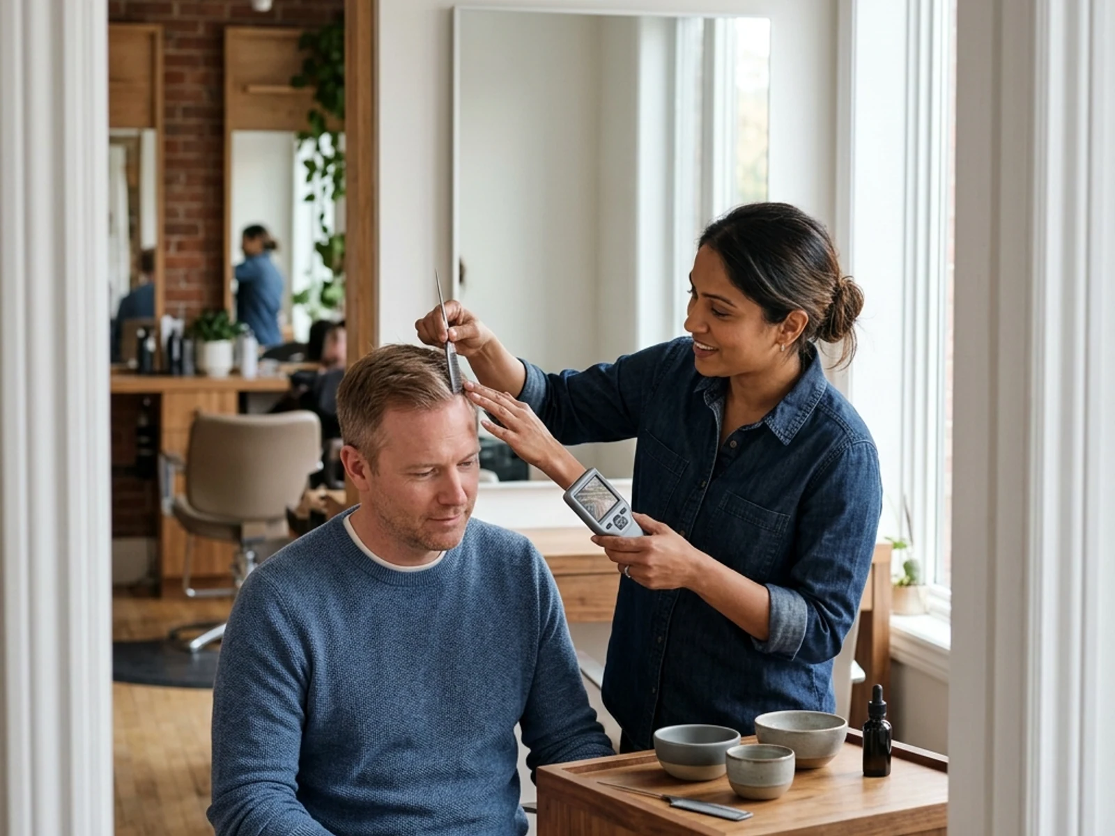 Stylist discussing scalp treatment options after an assessment