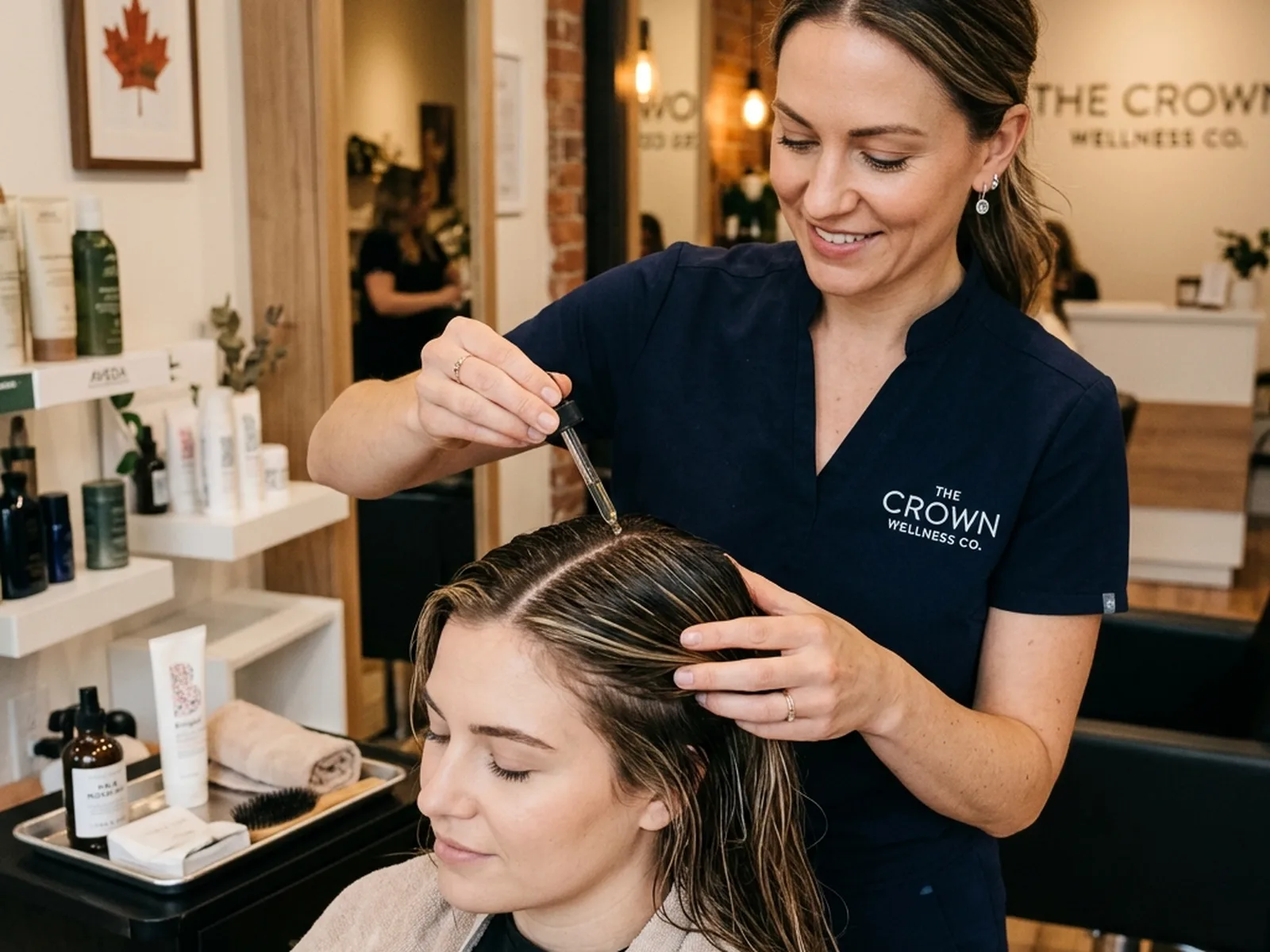 Professional scalp treatment application at a Canadian salon