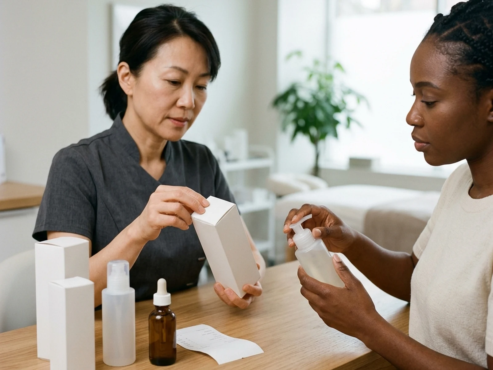 Client checking unbranded skincare packaging with an esthetician