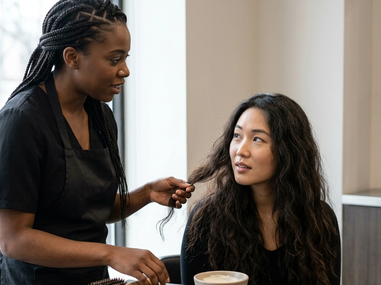 Stylist discussing smoothing services and realistic aftercare