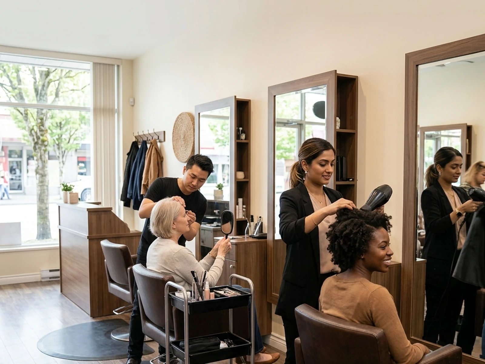 Active multicultural independent salon interior in Surrey