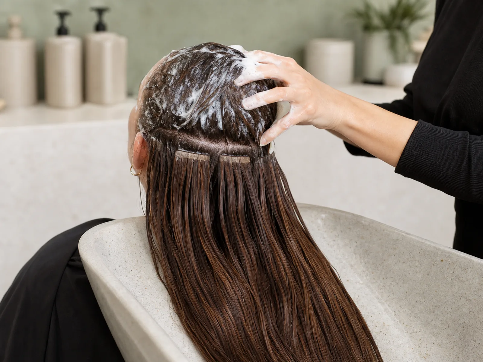 Stylist carefully shampooing hair above visible tape-in extension bonds at a salon basin