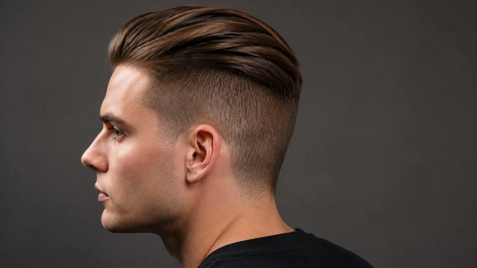 Classic disconnected undercut haircut showing sharp contrast between short sides and longer top
