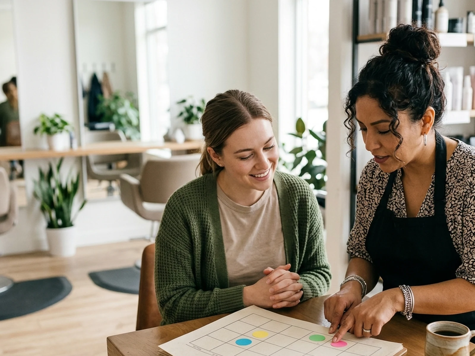 Bride and hairstylist planning wedding hair appointments on a blank calendar
