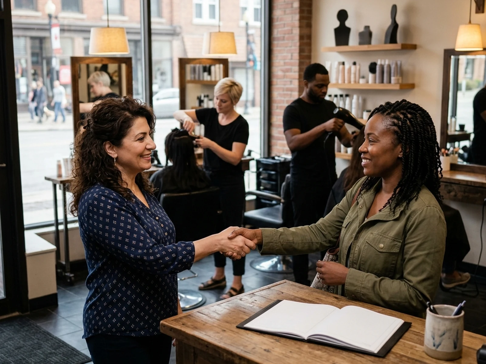 Client welcomed at a modern salon reception in Windsor