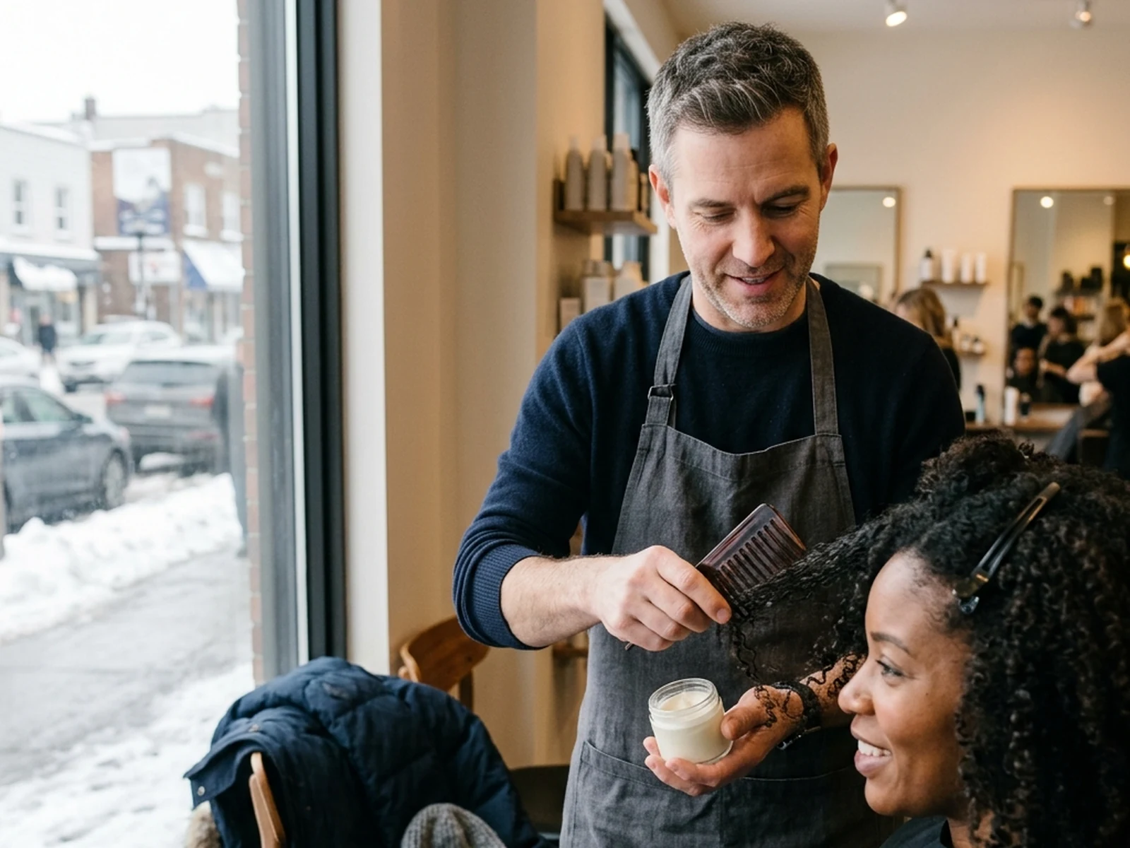 Stylist explaining winter haircare for dryness and static