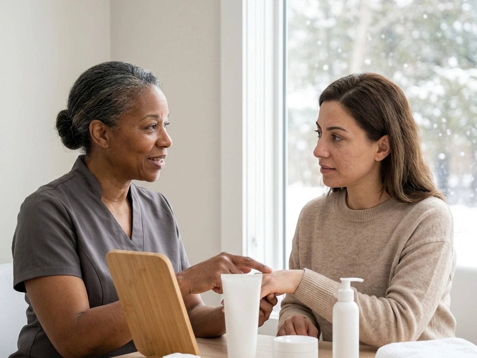 Esthetician explaining a simple winter barrier-care routine
